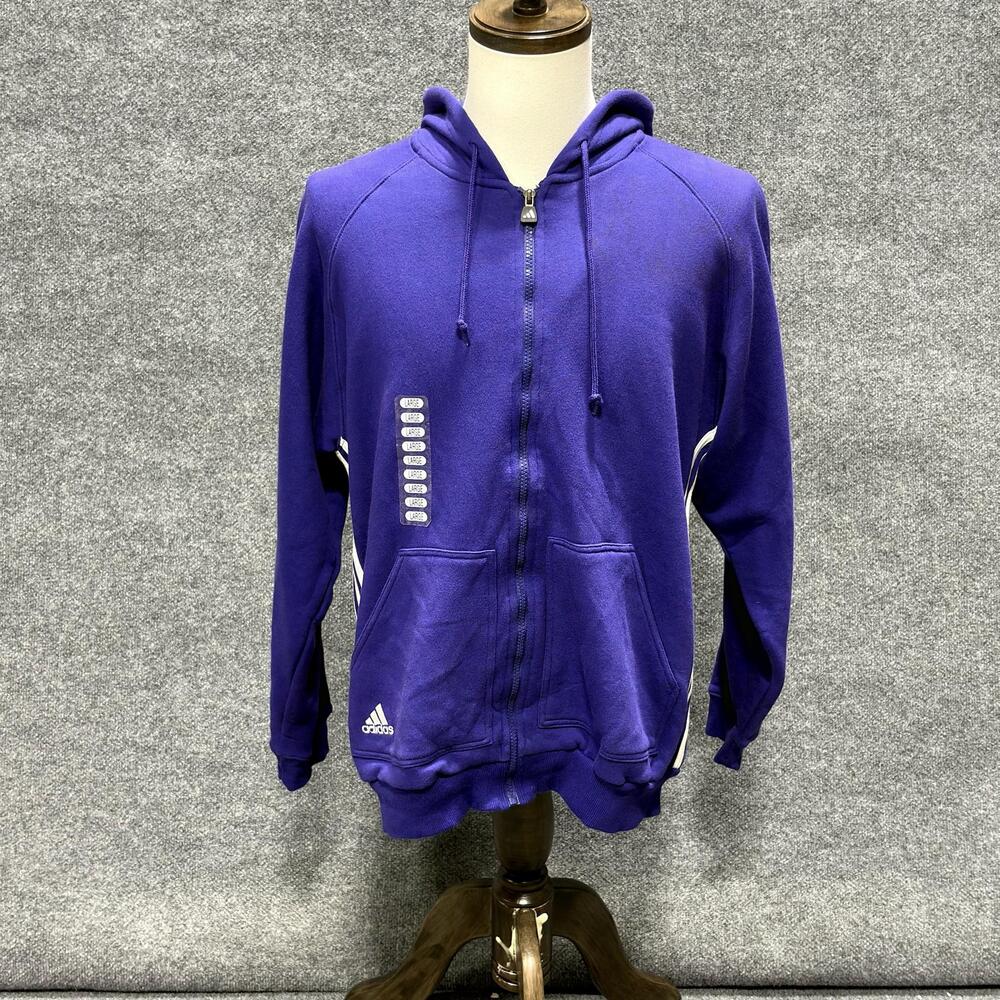 Adidas Hoodie Mens Large Purple Full Zip 3 Stripes Fleece Pockets Sweatshirt